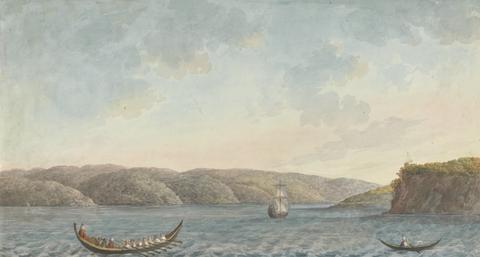 Willey Reveley Views in the Levant: Two Rowing Boats and a Sailboat by a Steep Cliff, Hilly Landscape Seen From the Sea