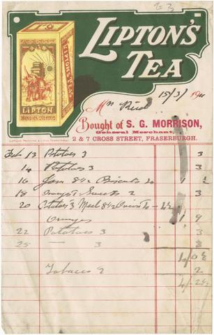 Morrison, S. G., creator. [Billhead of S.G. Morrison, general merchant in Fraserburgh, for purchases made by Mr. Bird, 1911 : with advertisement for Lipton's Tea]