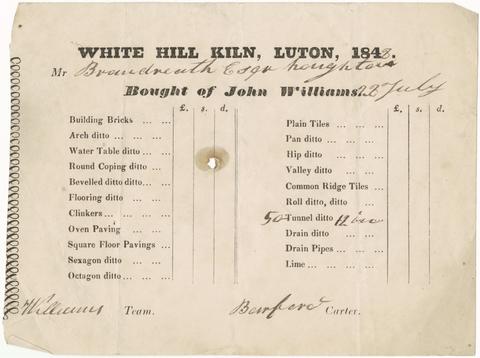 White Hill Kiln (Luton, England) Receipts by John Williams, of White Hill Kiln, for chimney tunnel tiles purchased by Breandveath, of Houghton, 1848.
