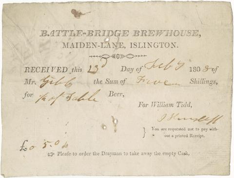 Battle-Bridge Brewhouse (London, England), creator. Billhead of Battle-Bridge Brewhouse, London, for purchases made by Mr. Gibbs, 1808.