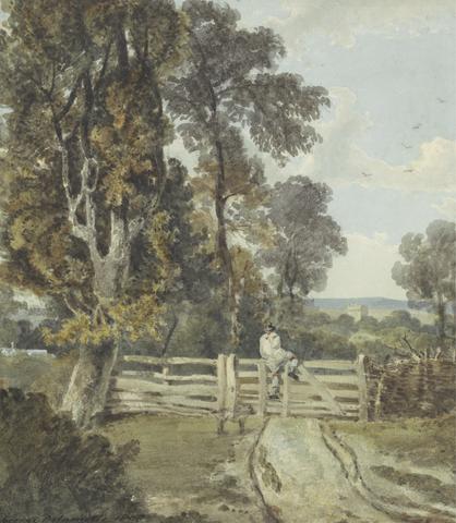 George Delamotte A Country Lane with a Farm Labourer Climbing a Five-bar Gate, 1808