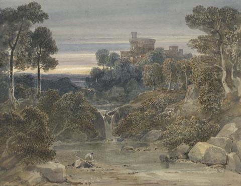 Landscape with Castle, Waterfall and Stream in Foreground