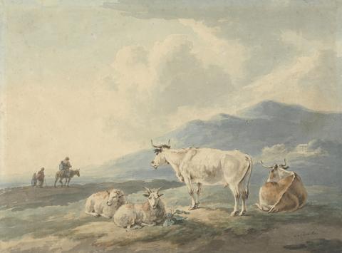 Peter La Cave Mountain Landscape: with cows and goats foreground and figures, left