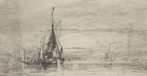 Miles Edmund Cotman Barge on the Medway with Warships Grampian and Dreadnaugh in the Background
