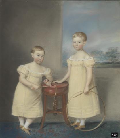 James Sharples Two Children Wearing Yellow Dresses, the Elder Holding a Rolling Hoop and Stick and the Younger Holding a Whip Top and Whip