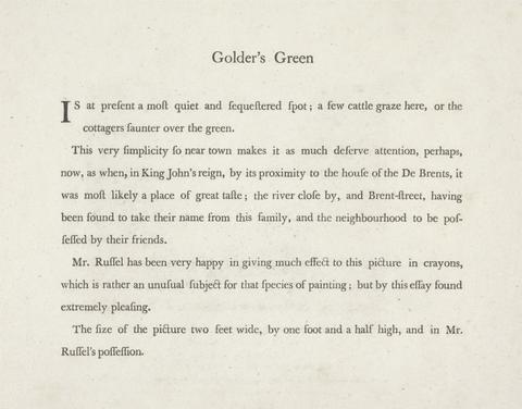 unknown artist Description of the Painting for the engraving Goldens Green by William Birch