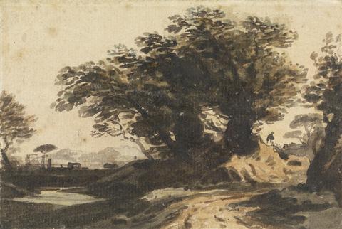 John Varley Landscape with a Clump of Trees near a Road and a Stream