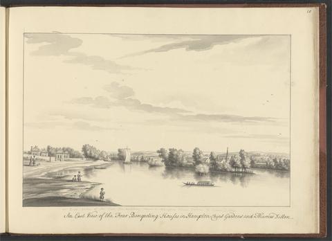 Bernard Lens III A volume of ten drawings of Hampton Court taken by the life - An East View of the Four Banqueting House in Hampton Court Gardens and Thames Ditton