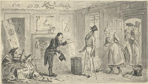 Robert Isaac Cruikshank Wash proofs to accompany Westmacott's "The English Spy": College Comforts, A Freshman taking possession of his Rooms