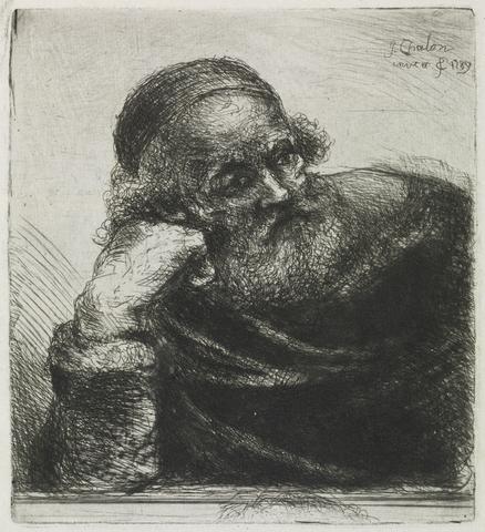 John Chalon Study: Head of a Bearded Old Man in a Cap with his Head Resting on his Hand