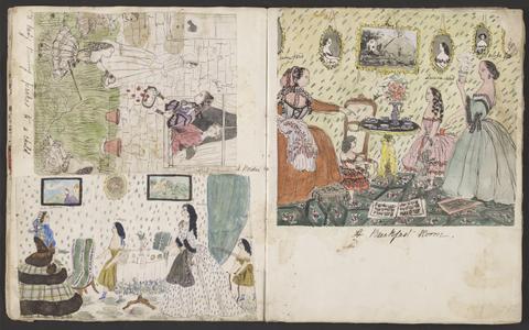  Album of domestic interiors and figures in fashionable dress.
