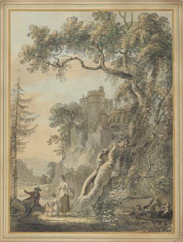 Paul Sandby Romantic Landscape - Peasants at the Foot of a Castle on a Crag