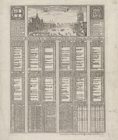 Joseph Nutting Almanac for 1707 with a View of Westminster Hall