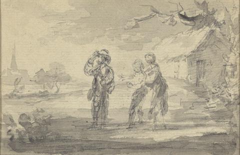 Gainsborough Dupont Landscape with three figures, cottage, and church spire