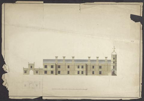 James Wyatt Cobham Hall, Kent: Elevation of Building with Archway and Tower at Either End