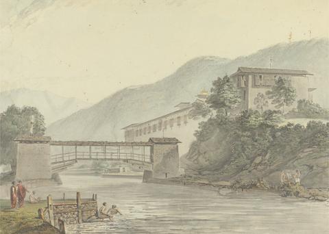 View of Tashichoedzong, Bhutan and Foot Bridge