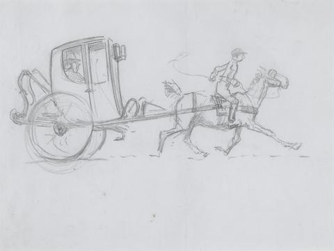 Hablot Knight Browne A Man in an enclosed Carriage being pulled by a Horse with a Rider
