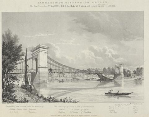 Charles J. Hullmandel Hammersmith Suspension Bridge, The first Stone laid 7th May, 1825 by H.R.H. the Duke of Sussex, and opened [by him], [ ] Oct. 1827
