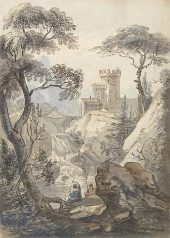 Paul Sandby RA Italianate Landscape with Castle, Cascade and Anglers