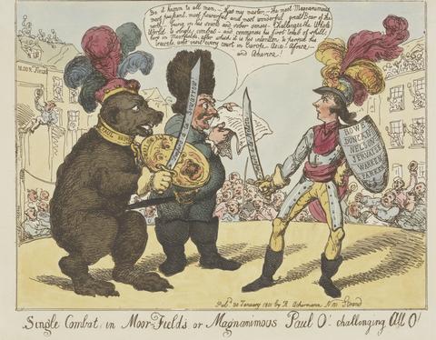 Thomas Rowlandson Single Combat, in Moorfields, or Magnanimous Paul O! - Challenging all O! (from: Caricature, vol. 4)
