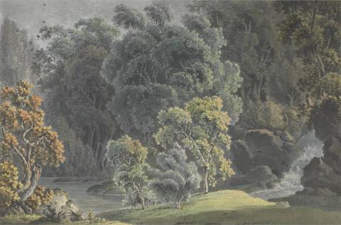 J. S. Barth River Scene with Waterfall and High Trees