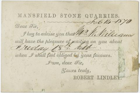Mansfield Stone Quarries. Visiting card for Mansfield Stone Quarries for a visit by Mr. W. Williams on Feb. 18th, 1870.