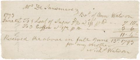 Watson, Nicholas, active 1793. [Bill of receipt by Nicholas Watson, on behalf of his mother Ann Watson, for the purchase of coffee and sugar by Mrs. De Sausmarez, 1793].