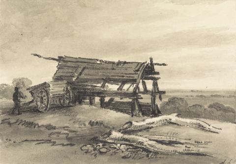 Amelia Long View at Harrow: with farm-worker, cart and ruined barn