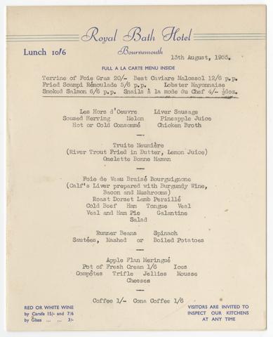 [Lunch and dinner menu for the Royal Bath Hotel, Bournemouth, August 13, 1955].