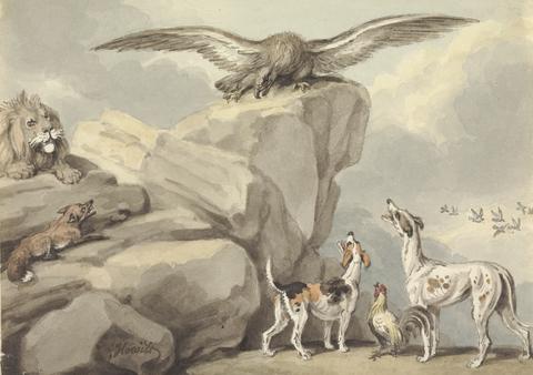 An Eagle Perched on a Rock; Lion, Fox, Two Hounds and a Rooster (possibly for "Aesop's Fables")