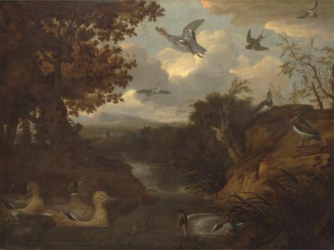 Ducks and Other Birds about a Stream in an Italianate Landscape