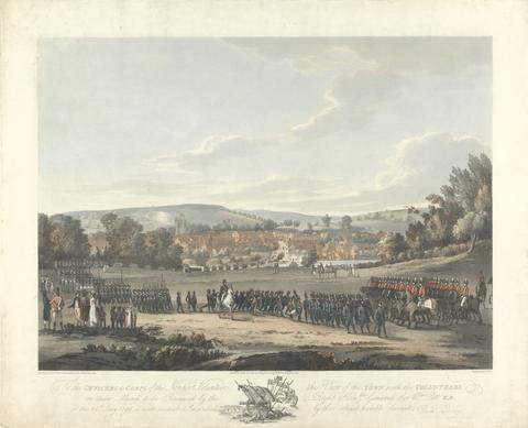 J. Wellis To the officers and Corps of the Newport Volunteers this View of the Town with Volunteers on their March to be Reviewed by the Right Honble General Sir Wm. Pitt, K.B. on the 29th July 1798, is with Respect Inscribed