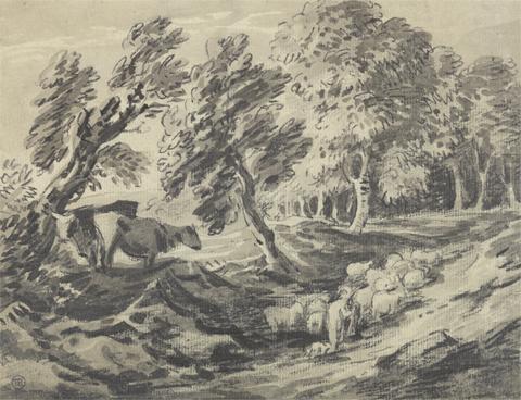 unknown artist Shepherd and Dog Driving Sheep up a Wooded Slope, Two Cows Looking On