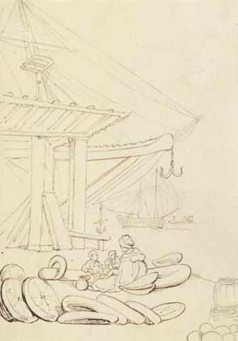 Thomas Rowlandson Sketch of a Woman and Children Sitting on a Shipping Dock
