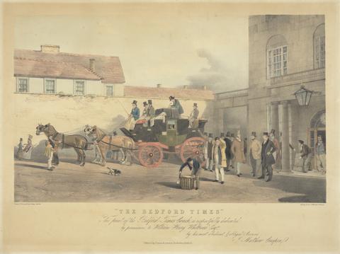 "The Bedford Times" / This print of the Bedford Times Coach, is respectfully dedicated / by permission, to William Henry Whitbread Esq're. / by his most obedient & obliged Servant / J. Matthew Crispin