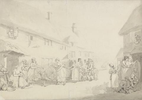 Thomas Rowlandson A Village Scene with Girls Spinning