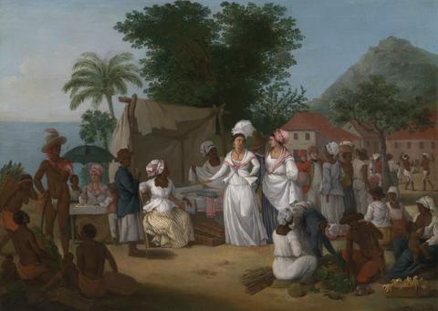 Agostino Brunias A Linen Market with a Linen-stall and Vegetable Seller in the West Indies