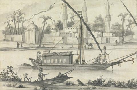 unknown artist Views in the Levant: Men Sailing Small Boat with Cabin Past Buildings and a Camel