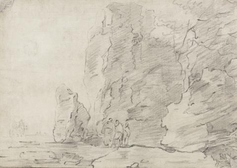 Three Figures Standing by Rocky Cliffs, Two Horsemen in Distance Left