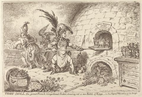 James Gillray Tiddy-Doll, the great Gingerbread Baker, drawing out a new Batch of Kings