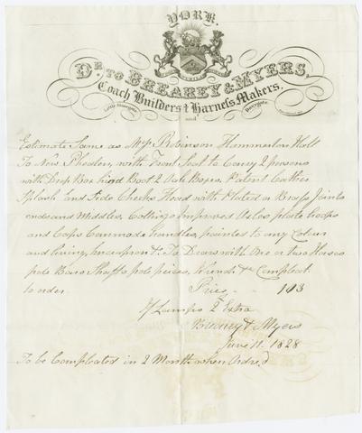 Brearey & Myers (Firm : York, England), creator. [Letter from Brearey & Myers to Thorpe, Black Swan, York, for order of a New Phaeton for Miss Robinson, Hammerton Hall]