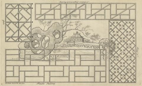 George Bickham Architectural Designs incorporating Chinoiserie motifs: A Chinese Single Brac'd Railing. A Hedge. Double Pailing. Gate...