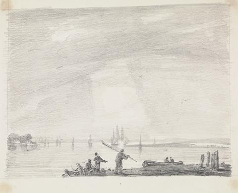 Capt. Thomas Hastings Sketch of Boatmen on the Shore, Ships in the Distance