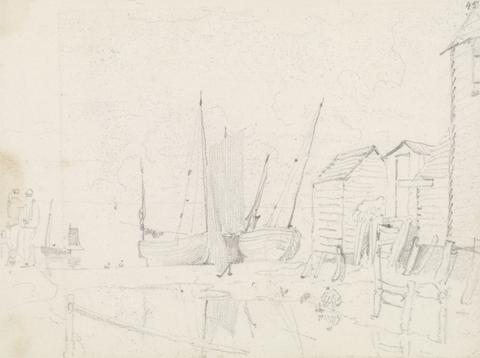 Capt. Thomas Hastings Sketch of Beached Sailboats and Stilt Cottages, Hastings