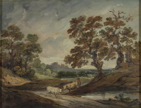 Landscape: Three cows in center foreground