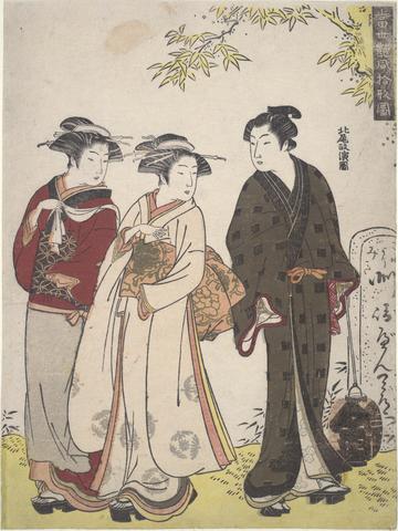 Kitao Masanobu, Two girls and a man passing by : Ten Sights of Contemporary Beauties, 18th century
