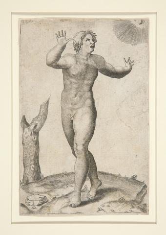Adamo Scultori, A Nude Man Who is Frightened by Seeing the Moon and the Sun in the sky at the Same Time, n.d.
