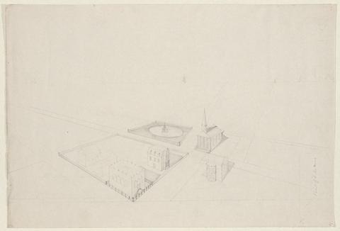 Emma H. Bacon, Untitled [perspective drawing with several buildings overview], ca. 1875
