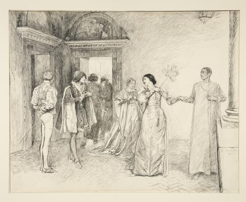 Edwin Austin Abbey, Don Pedro: "Will you have me, lady?", illustration for Act II, Scene i, Much Ado About Nothing, 1890