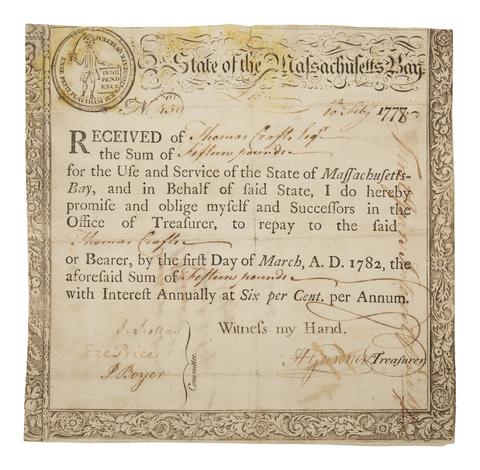 State of Massachusetts Bay Treasury Certificate (February 10, 1778), 10 February 1778